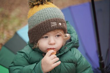 Parkta renkli gökkuşağı şemsiyeli tanınmayan küçük bir çocuk. 2 yaşındaki bebek, sonbaharda ceket ve şapka giyer.