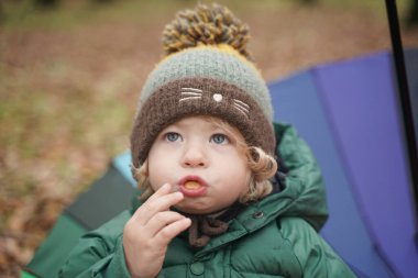 Parkta renkli gökkuşağı şemsiyeli tanınmayan küçük bir çocuk. 2 yaşındaki bebek, sonbaharda ceket ve şapka giyer.