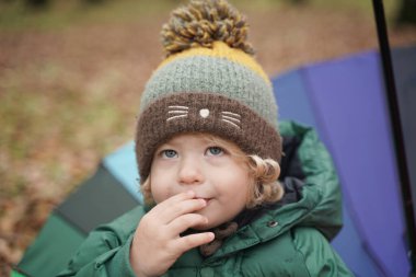 Parkta renkli gökkuşağı şemsiyeli tanınmayan küçük bir çocuk. 2 yaşındaki bebek, sonbaharda ceket ve şapka giyer.