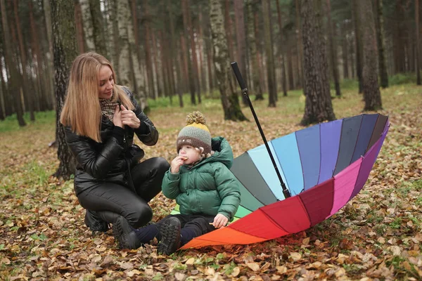 Uma bela mãe caucasiana e criança pequena se divertindo no outono Park, andando com guarda-chuva — Fotografia de Stock