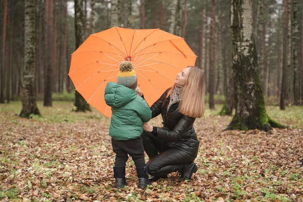 Uma bela mãe caucasiana e criança pequena se divertindo no outono Park, andando com guarda-chuva — Fotografia de Stock