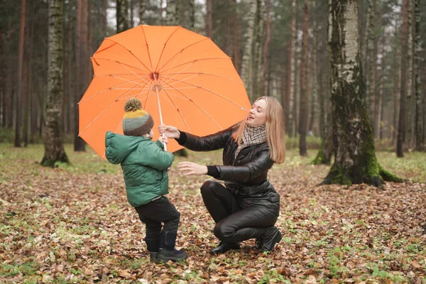 Uma bela mãe caucasiana e criança pequena se divertindo no outono Park, andando com guarda-chuva — Fotografia de Stock