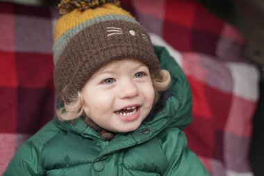 Küçük tatlı çocuk kırmızı bir ekoseli arabanın bagajında oturuyor ve sonbahar pikniğinin tadını çıkarıyor.