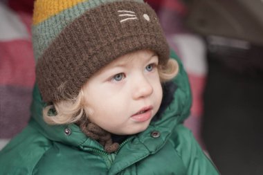 Küçük tatlı çocuk kırmızı bir ekoseli arabanın bagajında oturuyor ve sonbahar pikniğinin tadını çıkarıyor.