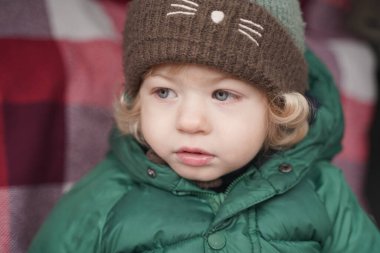 Küçük tatlı çocuk kırmızı bir ekoseli arabanın bagajında oturuyor ve sonbahar pikniğinin tadını çıkarıyor.