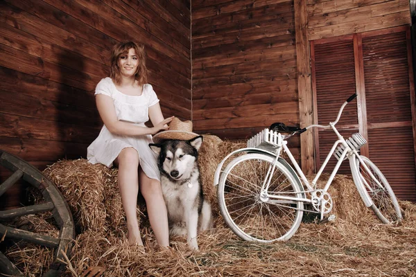 Schattig plus size blank meisje met rood haar in een witte zomer jurk poseert met haar grote hond Malamute beste vriend op een hooiberg in een schuur — Stockfoto