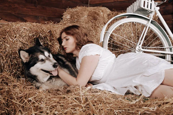 Schattig plus size blank meisje met rood haar in een witte zomer jurk poseert met haar grote hond Malamute beste vriend op een hooiberg in een schuur — Stockfoto