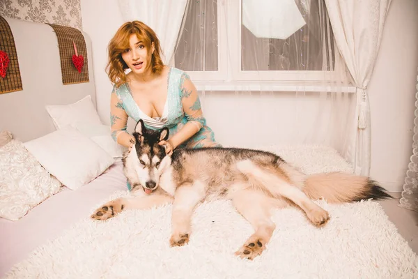 Γοητευτικό συν μέγεθος κορίτσι με κόκκινα μαλλιά σε ένα νυχτικό ποζάρουν με το μεγάλο σκυλί της, ένα Malamute καλύτερος φίλος σε λευκό κρεβάτι στην κρεβατοκάμαρα — Φωτογραφία Αρχείου