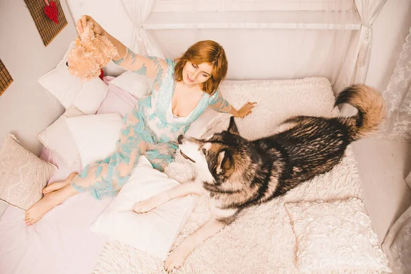 Чарівна і руда дівчина з рудим волоссям у нічній сукні зі своїм великим собакою, найкращим другом Маламута в білому ліжку в спальні. — стокове фото