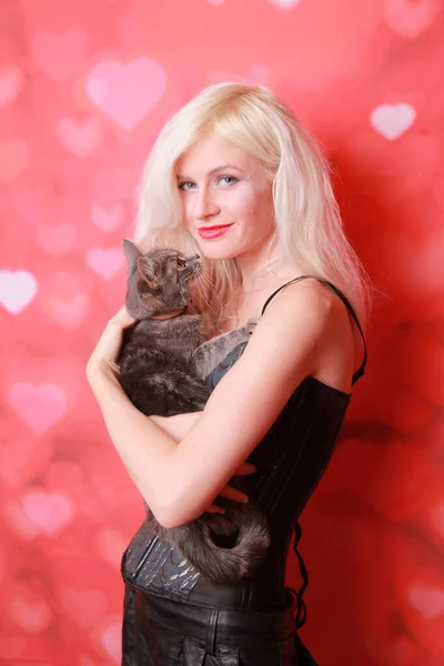 Jong aantrekkelijk meisje met mooie volwassen kat op studio achtergrond — Stockfoto