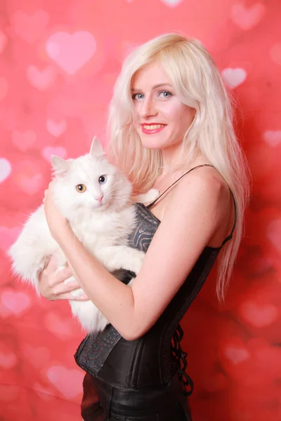 Молодая привлекательная девушка с симпатичной взрослой кошкой на студийном фоне — стоковое фото