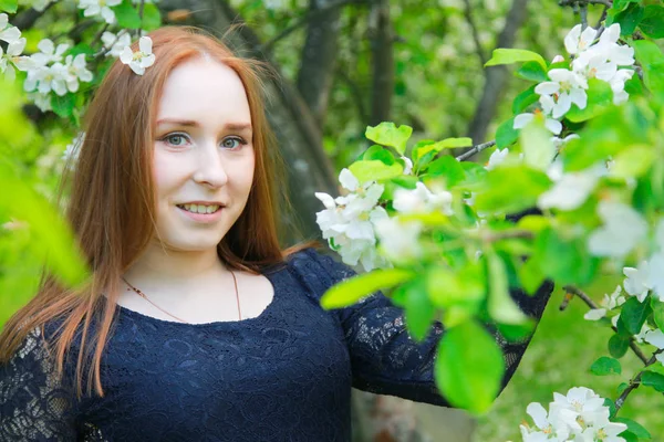 Mulher bonita com árvore de maçã florida no parque de verão — Fotografia de Stock