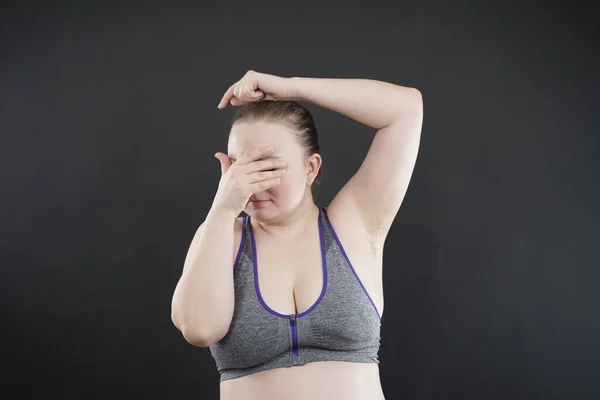 Woman Shows Her Unshaved Armpit Size Middle Age Woman Happy — Stock Photo, Image