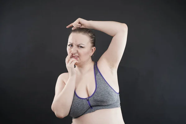 Woman Shows Her Unshaved Armpit Size Middle Age Woman Happy Stock Image