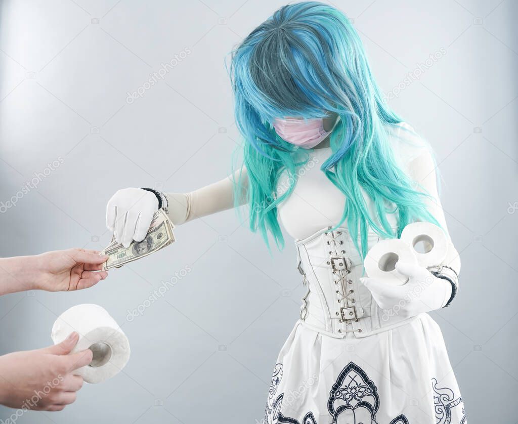 A woman is wearing a face mask for protection from the Corona Virus and has stocked up on her toilet paper stash in case of quarantine. Cosplayer in medical mask on white studio background