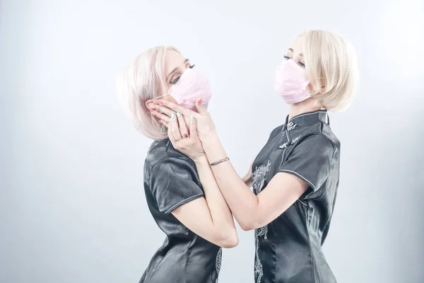 Two European Looking Women Dressed Black Chinese Dresses Medical Face — Stock Photo, Image