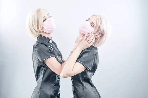 Two European Looking Women Dressed Black Chinese Dresses Medical Face — Stock Photo, Image