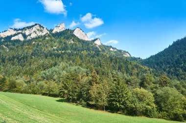 Trzy Korony - Türkçe güneşli Eylül günü Pieniny Milli Parkı içinde güzel panoramik görünüm: üç kron, Polonya