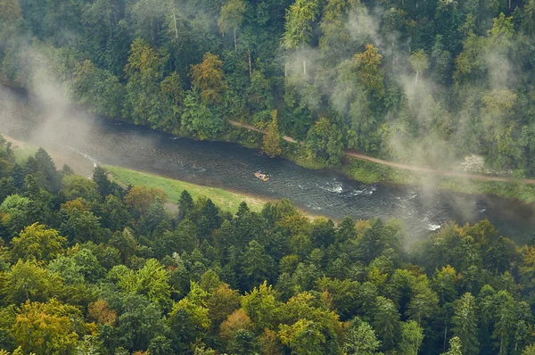 Gyönyörű panorámával a Dunajec folyó és a Pieniny Nemzeti Park, Lengyelország, esős, ködös szeptember-nap — Stock Fotó