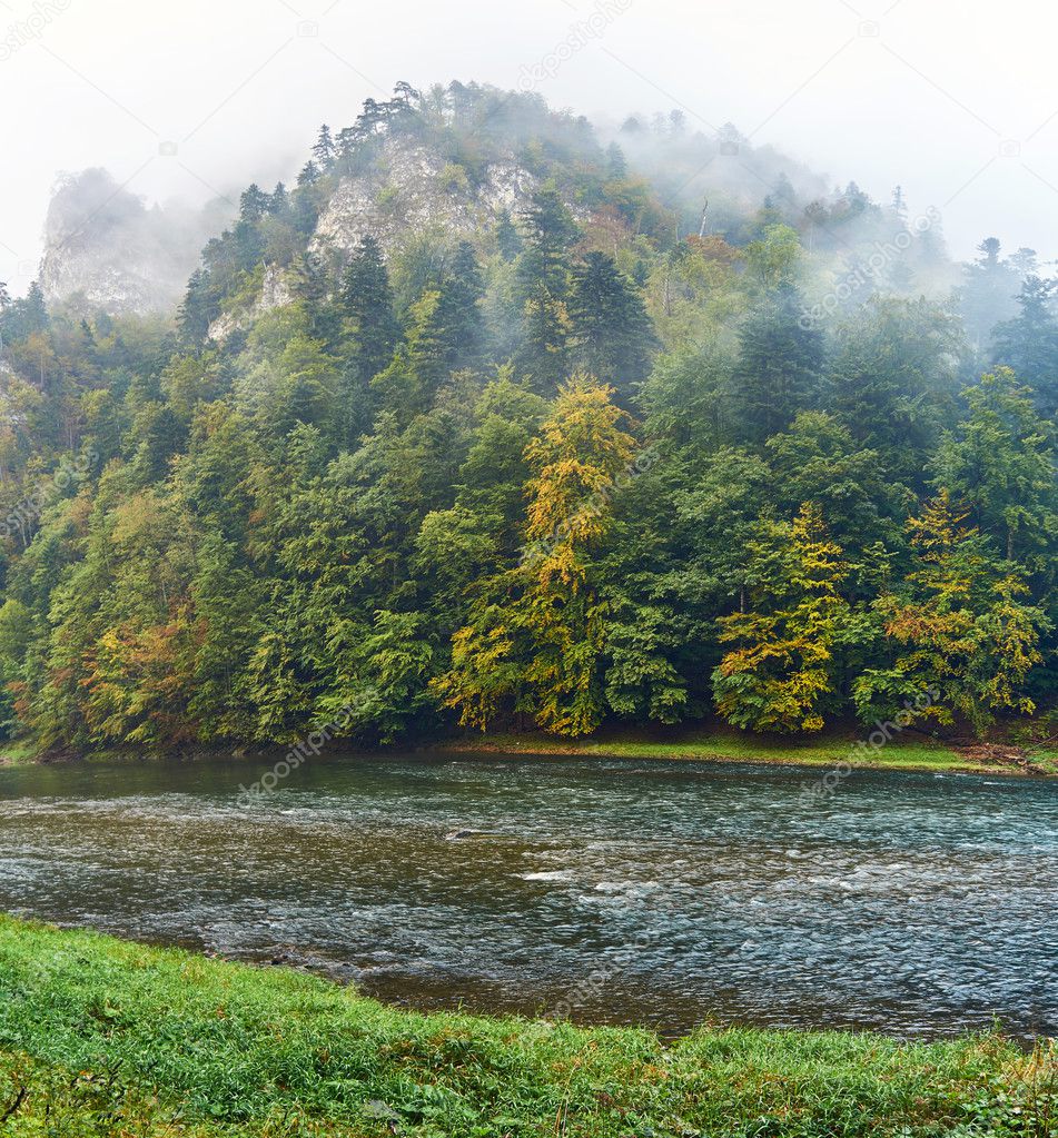 Beautiful panoramic view of the Dunajec river and Pieniny National Park, Poland, in rainy foggy september day