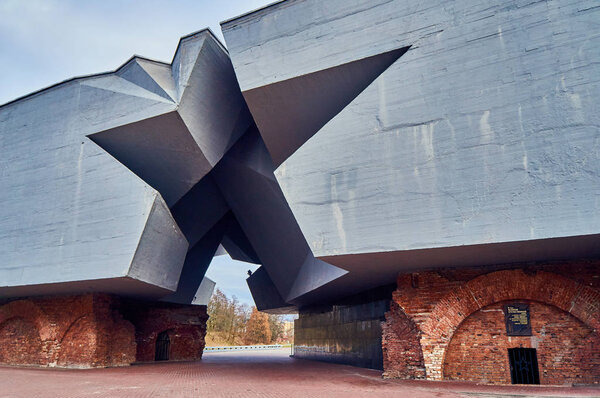 Brest, Belarus - December 28, 2016: The Main Entrance with carved five-pointed star to War Memorial Complex Brest-Hero-Fortress .