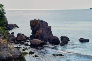 Karadeniz sıcak güneşli yaz gününde sabah sahil, kıyı kayalıklardan, Bulgaristan, Sozopol