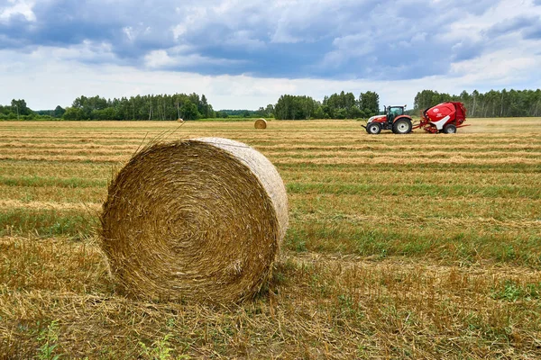 Biale, Polonya - 04 Ağustos 2017: Traktör sahada çalışıyor. Saman ve buğday alanında yaz sonu Polonya, saman yığını
