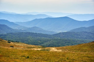 Güzel panoramik Bieszczady Dağlar erken sonbaharda, Bieszczady Milli Parkı (Lehçe: Bieszczadzki Park Narodowy), Polonya.