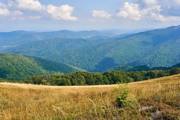 Bella vista panoramica sulle montagne Bieszczady all'inizio dell'autunno, Bieszczady National Park (polacco: Bieszczadzki Park Narodowy), Polonia . — Foto Stock