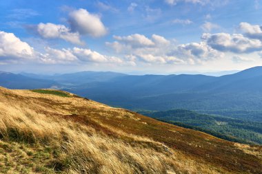 Güzel panoramik Bieszczady Dağlar erken sonbaharda, Bieszczady Milli Parkı (Lehçe: Bieszczadzki Park Narodowy), Polonya.