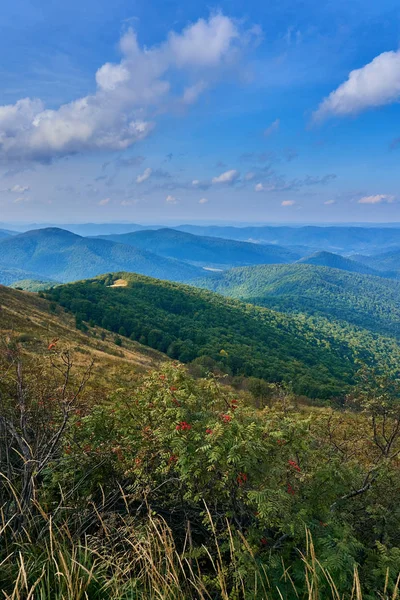 Bella vista panoramica sulle montagne Bieszczady all'inizio dell'autunno, Bieszczady National Park (polacco: Bieszczadzki Park Narodowy), Polonia . — Foto Stock