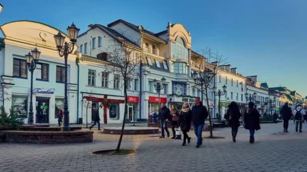 Brest Bialorus December 2017 Timelapse Med Zoom Fotgängare Längs Centralen — Stockvideo