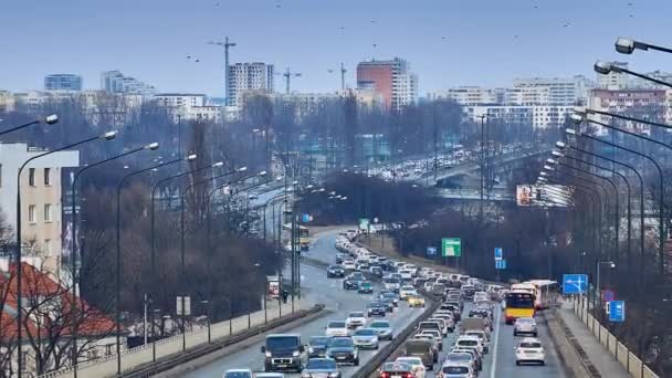 Warszawa Marzec 2018 Timelapse Pomniejsz Panoramiczny Widok Wiadukt Lazienkowska Trasy — Wideo stockowe