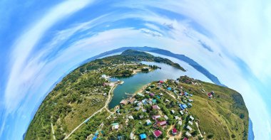 Beautiful futuristic panoramic (360 spherical panorama little planet) aerial drone view to summer recreation facilities on the banks of the Bukhtarma reservoir on the Irtysh river, East Kazakhstan clipart