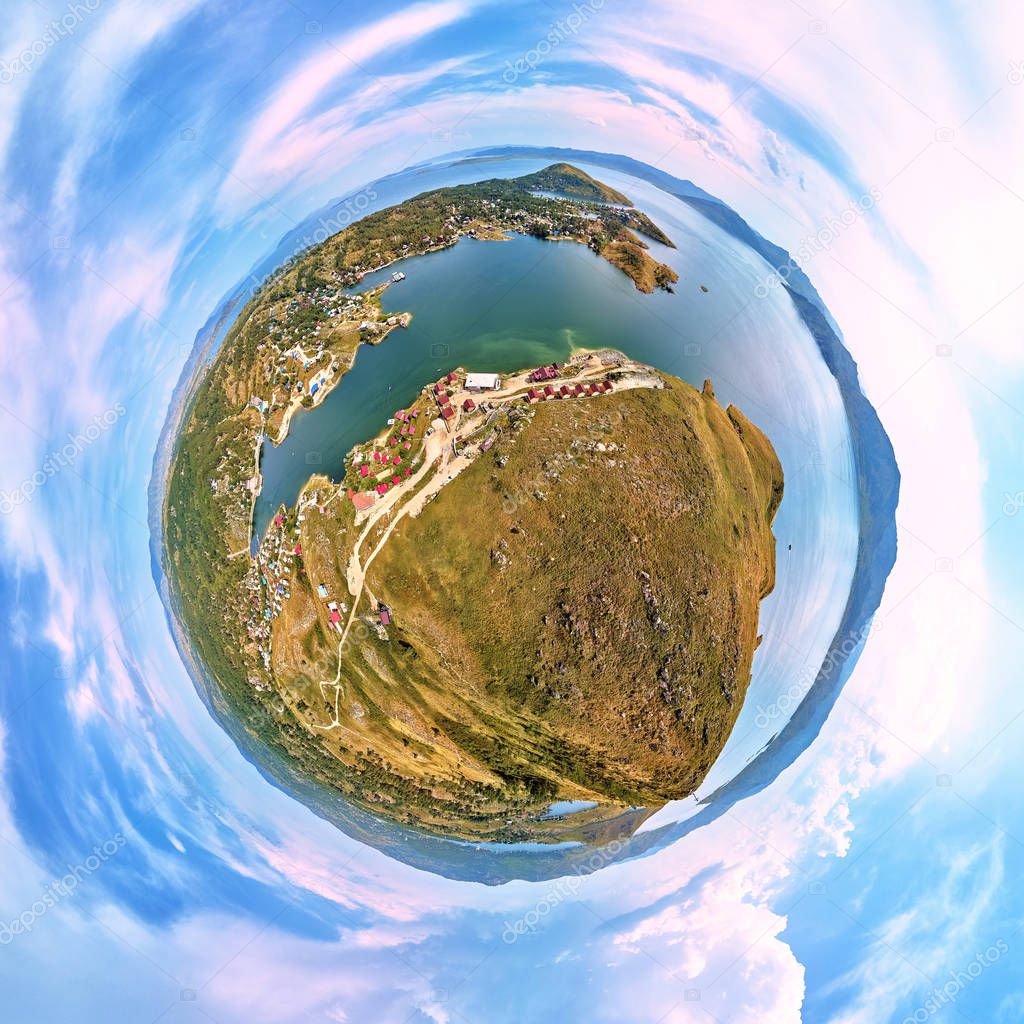 Beautiful futuristic panoramic (360 spherical panorama little planet) aerial drone view to summer recreation facilities on the banks of the Bukhtarma reservoir on the Irtysh river, East Kazakhstan