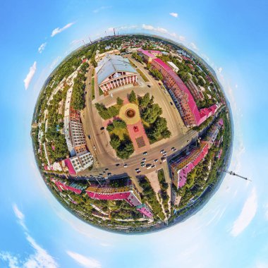 Beautiful futuristic panoramic (360 spherical panorama little planet) aerial drone view to city of Ust-Kamenogorsk (KZ: Oskemen), East Kazakhstan (Qazaqstan) clipart