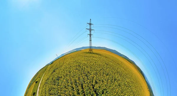 Bela visão panorâmica futurista (360 panorama esférico pequeno planeta) drone aéreo para campos infinitos de girassol florescendo, perto de Ust-Kamenogorsk (KZ: Oskemen), Cazaquistão Oriental (Qazaqstan ) — Fotografia de Stock