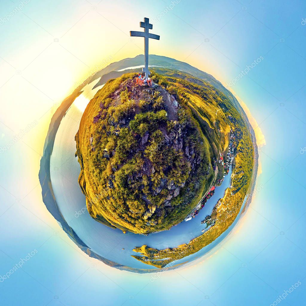 Beautiful futuristic panoramic (360 spherical panorama little planet) aerial drone view to summer recreation facilities on the banks of the Bukhtarma reservoir on the Irtysh river, East Kazakhstan