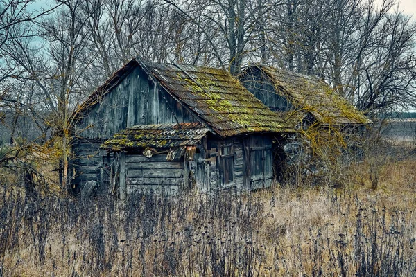 En fruktansvärd mystisk apokalyptisk utsikt: ett övergivet hus i den övergivna vitryska byn Kovali (vitryska: smeder) - ingen bor här längre — Stockfoto