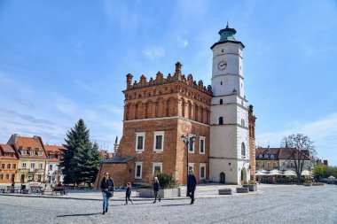Beautiful panoramic aerial drone view to the market square in Sandomierz - a square square (100 � 110 m) located in the center of Sandomierz's old town, Poland