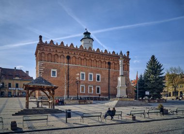 Beautiful panoramic aerial drone view to the market square in Sandomierz - a square square (100 � 110 m) located in the center of Sandomierz's old town, Poland