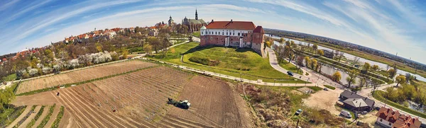Beautiful panoramic aerial drone view to the Sandomierz Royal Castle - planting vines in the vineyard of St. Jakub - near the monastery and Church of St. Jakub in Sandomierz, Poland — 图库照片