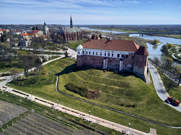 Панорамный вид с дрона на королевский замок Сандзеж - посадка виноградной лозы в винограднике Святого Якуба - рядом с монастырем и церковью Святого Якуба в Сандзеже, Польша — стоковое фото