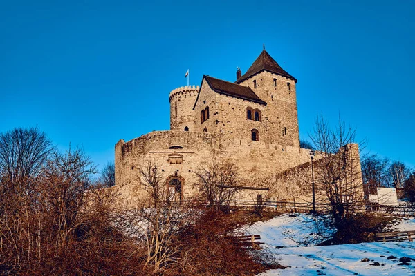 Bela vista panorâmica para o Castelo Bedzin, sul da Polônia. O castelo de pedra data do século XII, e é precedido por uma fortificação de madeira que foi erguida no século XI. — Fotografia de Stock