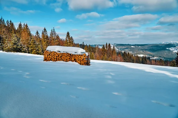 Beautiful winter mountain landscape in the south of Poland - the sun, a lot of snow, blue sky and old forest - firewood tucked away for a long winter — Stock Photo, Image