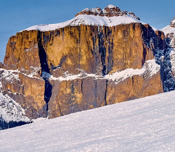 Beautiful panoramic view to the Sellaronda - the largest ski carousel in Europe - skiing the four most famous passes in the Dolomites, Italy  extraordinary snowy peaks of the dolomites, southern alps
