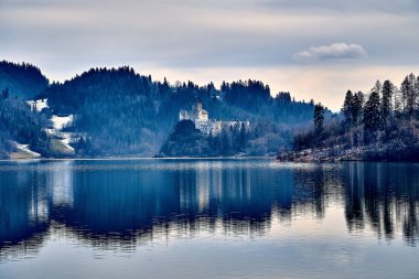 Polonya 'nın Niedzica, Nowy Targ County, Dunajec River, Czorsztyn Gölü, Pl' de yer alan ve Dunajec Kalesi olarak da bilinen Niedzica Kalesi 'ne güzel bir panoramik manzara.