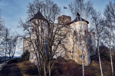 Polonya 'nın Niedzica, Nowy Targ County, Dunajec River, Czorsztyn Gölü, Pl' de yer alan ve Dunajec Kalesi olarak da bilinen Niedzica Kalesi 'ne güzel bir panoramik manzara.