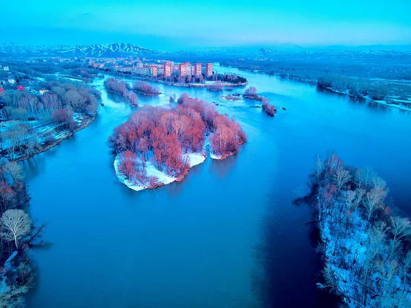 Панорамный Вид Воздуха Красивый Весенний Пейзаж Река Иртыш Казахстане Просыпается — стоковое фото