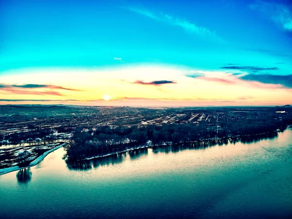 Panoramic Aerial View Beautiful Spring Landscape Irtysh River Kazakhstan Wakes — Stock Photo, Image